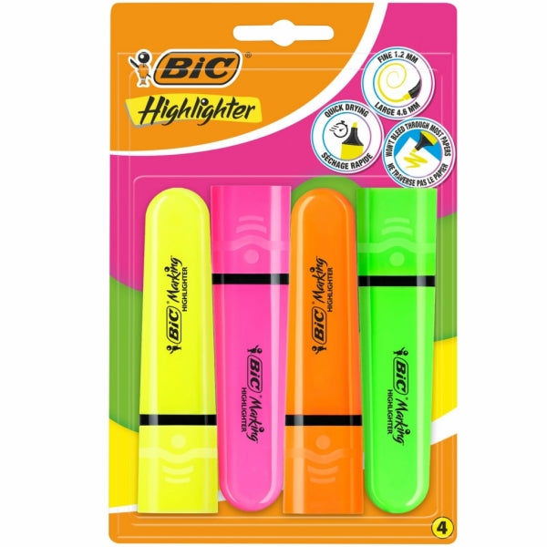 Highlighter Bic Flat Neon Marking 4Pc Asst Colors