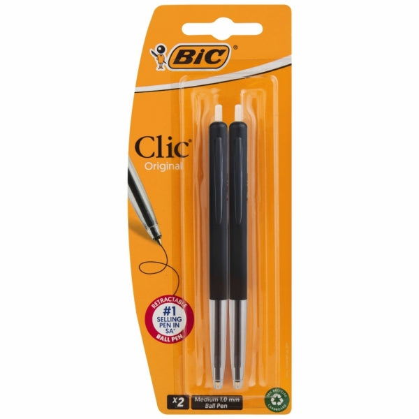 Pen Ballpoint Bic Clic 2Up Medium 1.0Mm 2Pc Black
