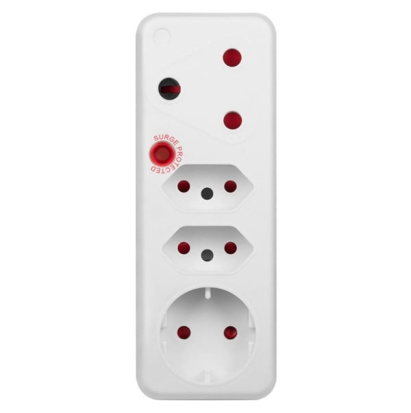 Adaptor Switched Basics 3 Pin Adaptor-1X 16A,2X5a,1X10a 3Pin Euro + Medium Surge