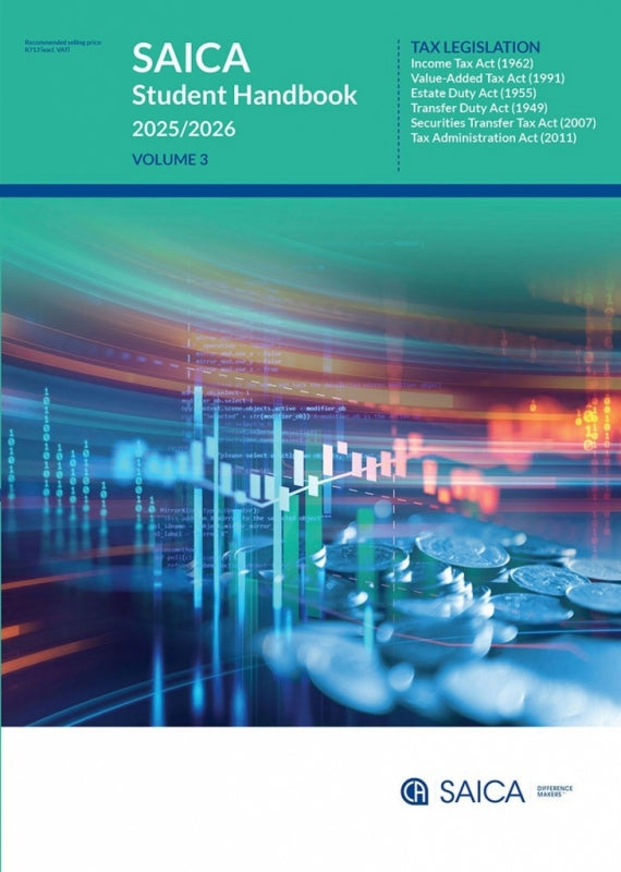 SAICA Student Handbook 2025/2026 Volume 3 with tax legislation text and SAICA logo.