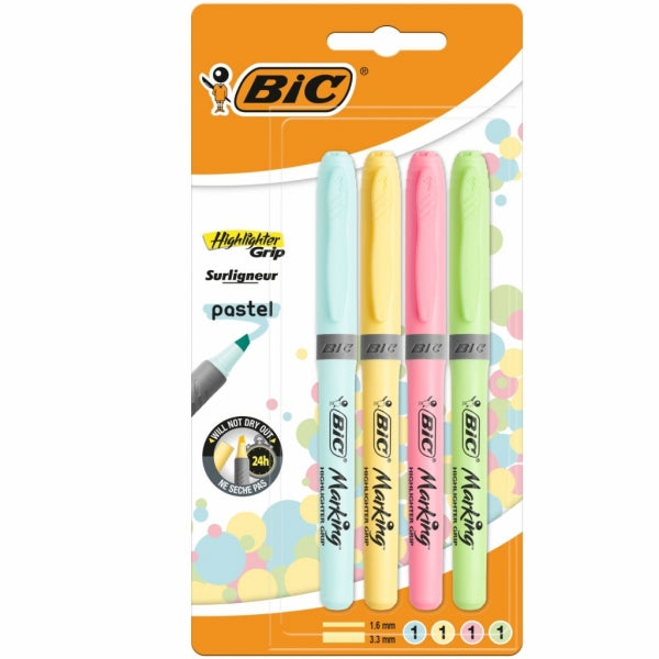 Highlighter Bic Grip 4Pc Pastel Asstcolours
