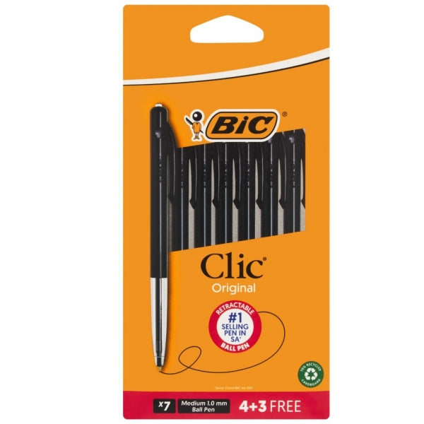 Pen Ballpoint Bic Clic 1.0Mm Medium Blister 4+3 Black
