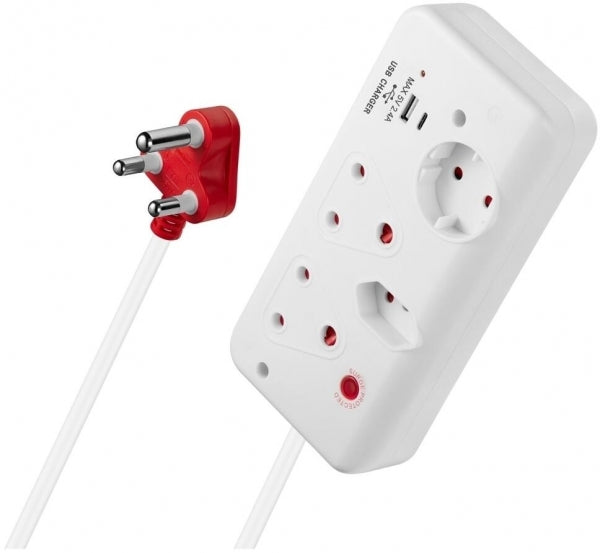 Socket Switched4way With 1 Type C + Usb 2.4A Socket Surge Protected