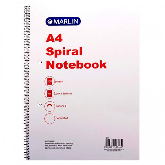 Note Book Marlin A4 Spiral Side Punched and Perforated 100Pg